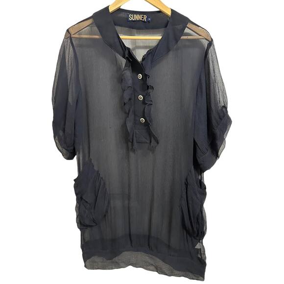 Sunner Silk Short Sleeves Tunic Top Ruffle Accent Black Size Small‎ - Picture 1 of 5